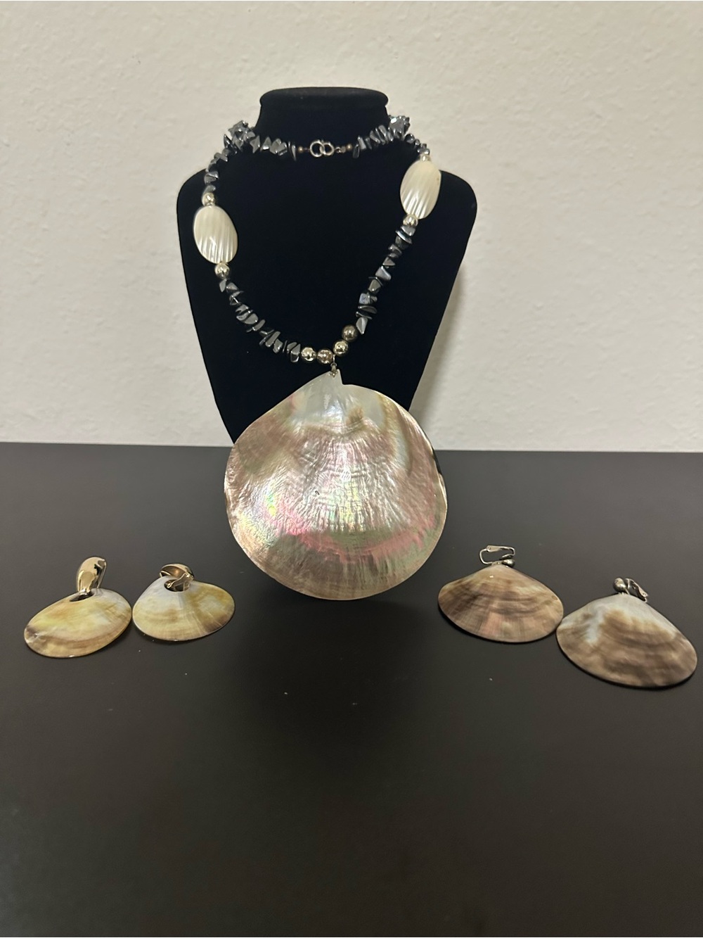 Handmade Iridescent Shell Pendant Necklace and Earring Set - Natural Shell